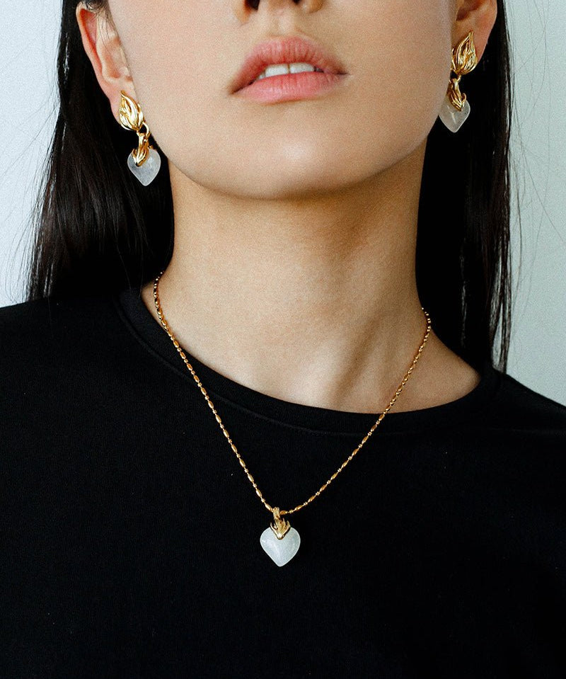 Vintage Flame & Natural Clear Quartz Heart Drop Earrings - floysun