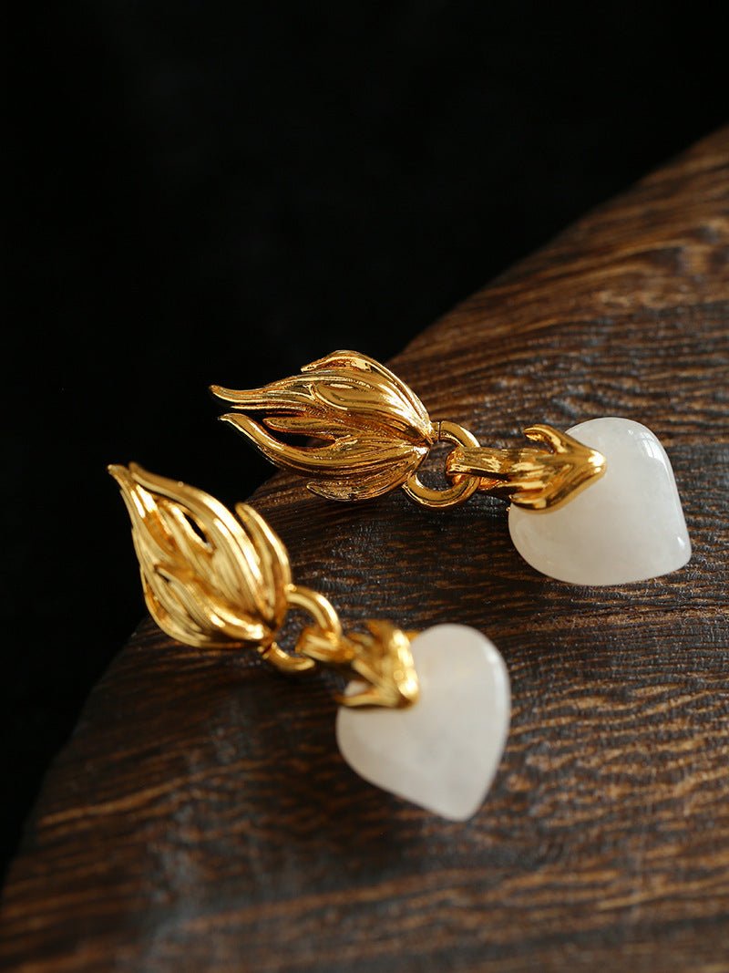Vintage Flame & Natural Clear Quartz Heart Drop Earrings - floysun