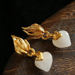 Vintage Flame & Natural Clear Quartz Heart Drop Earrings - floysun