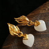 Vintage Flame & Natural Clear Quartz Heart Drop Earrings - floysun