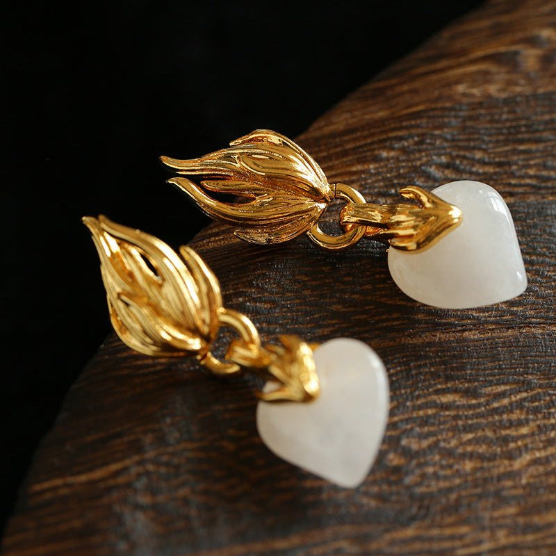 Vintage Flame & Natural Clear Quartz Heart Drop Earrings - floysun