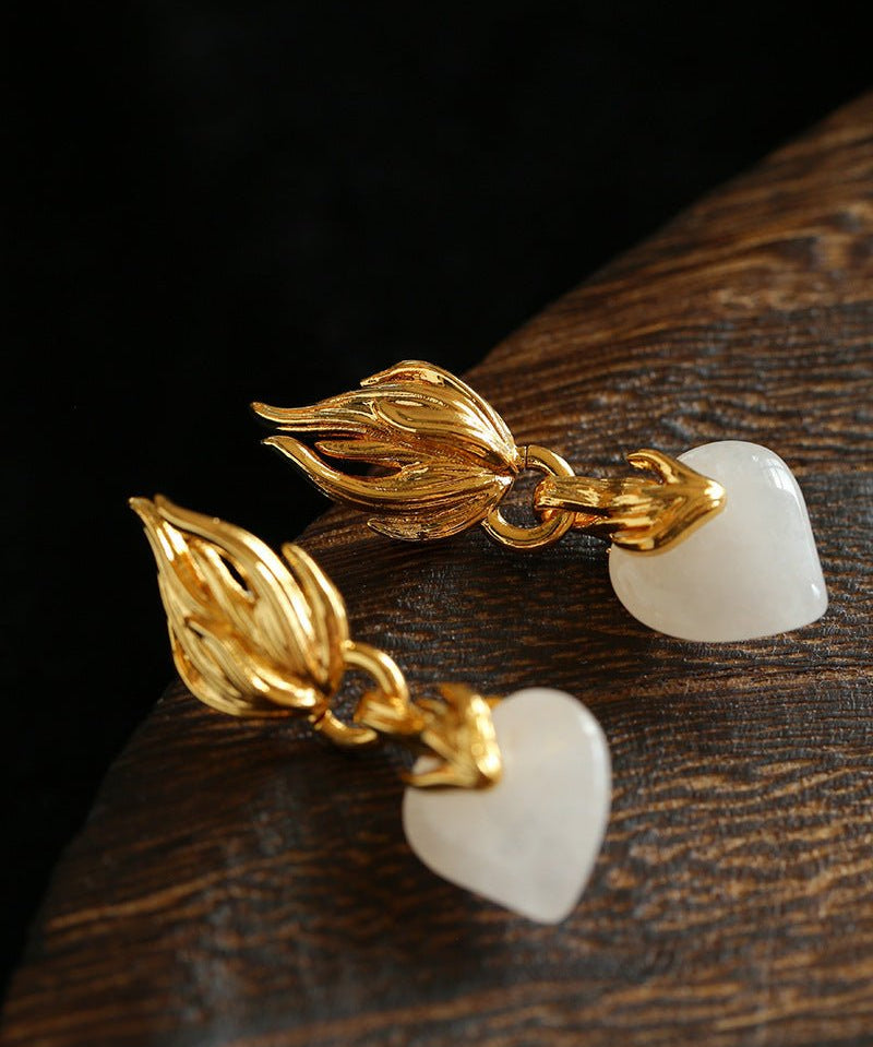 Vintage Flame & Natural Clear Quartz Heart Drop Earrings - floysun