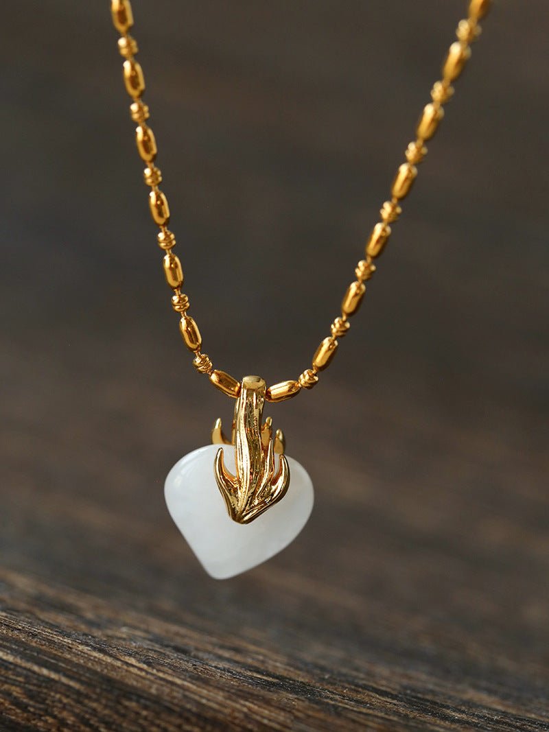 Vintage Flame & Natural Clear Quartz Heart Pendant Necklace - floysun