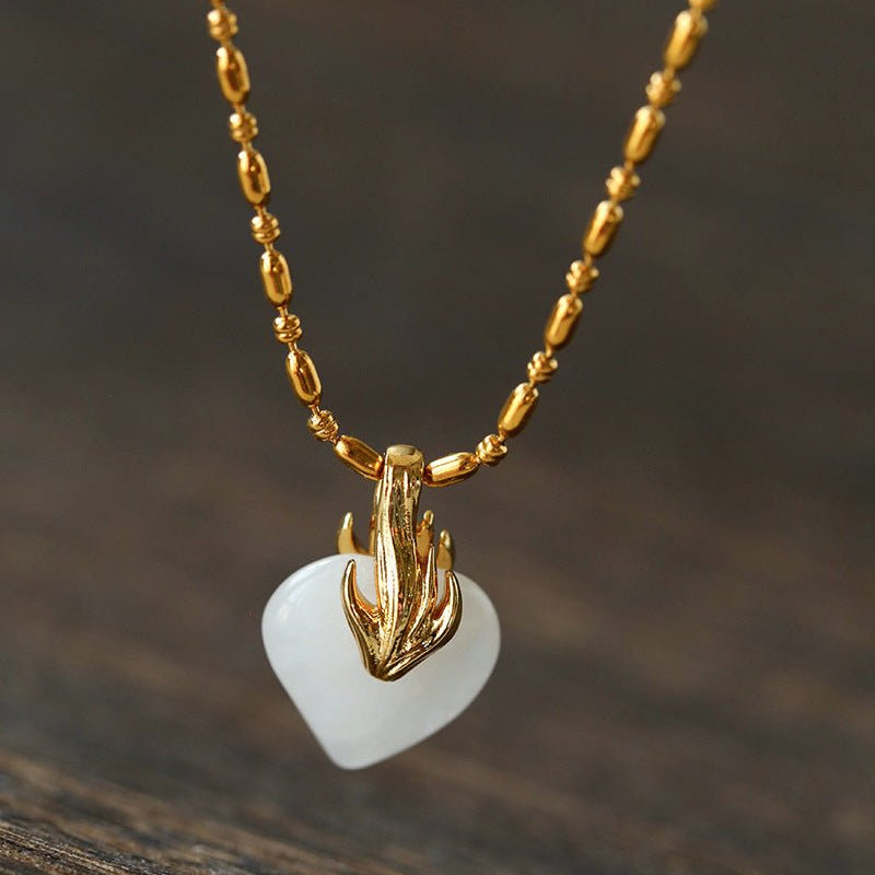 Vintage Flame & Natural Clear Quartz Heart Pendant Necklace - floysun