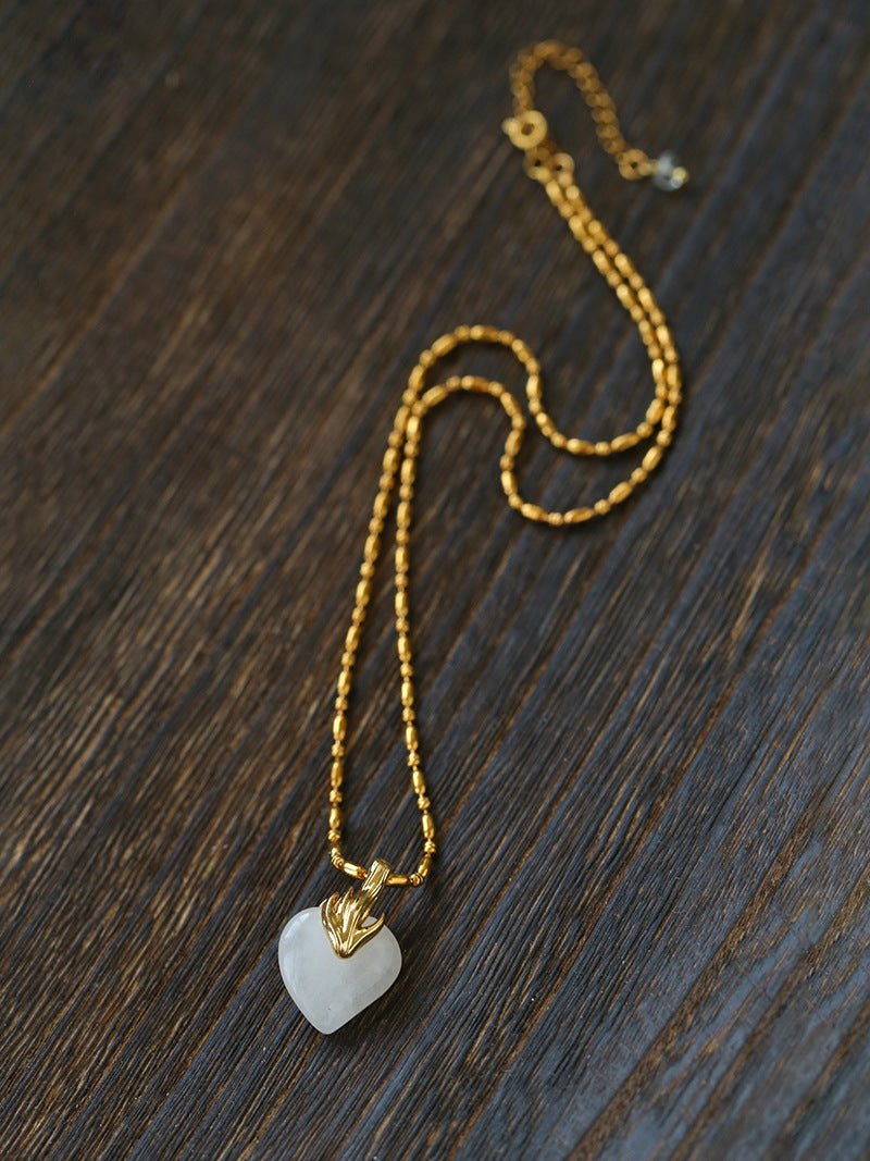 Vintage Flame & Natural Clear Quartz Heart Pendant Necklace - floysun