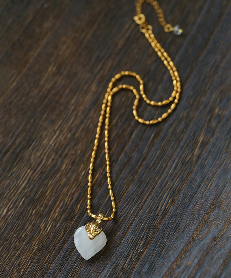 Vintage Flame & Natural Clear Quartz Heart Pendant Necklace - floysun