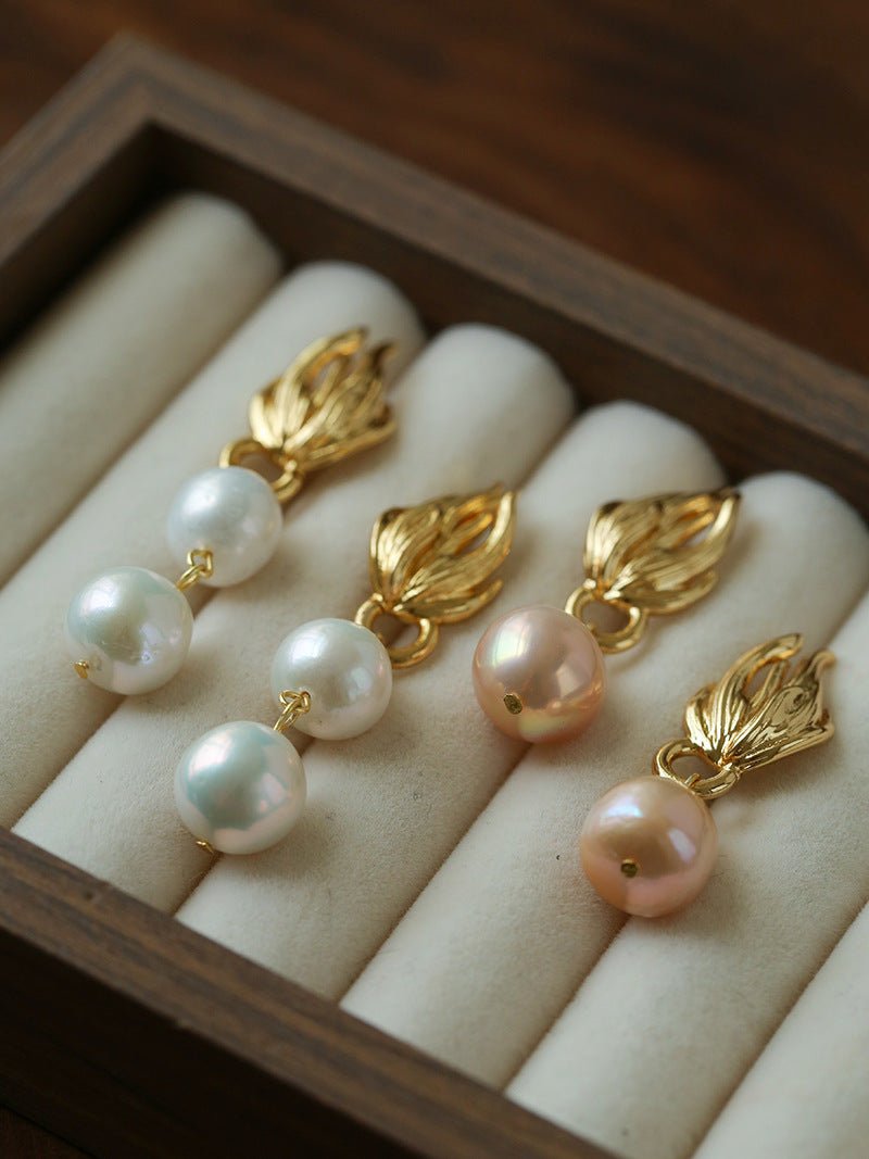 Vintage Flame Wing Natural Freshwater Pearl Drop Earrings - floysun