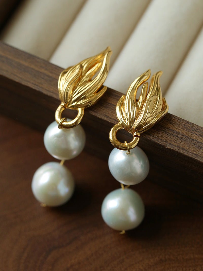 Vintage Flame Wing Natural Freshwater Pearl Drop Earrings - floysun