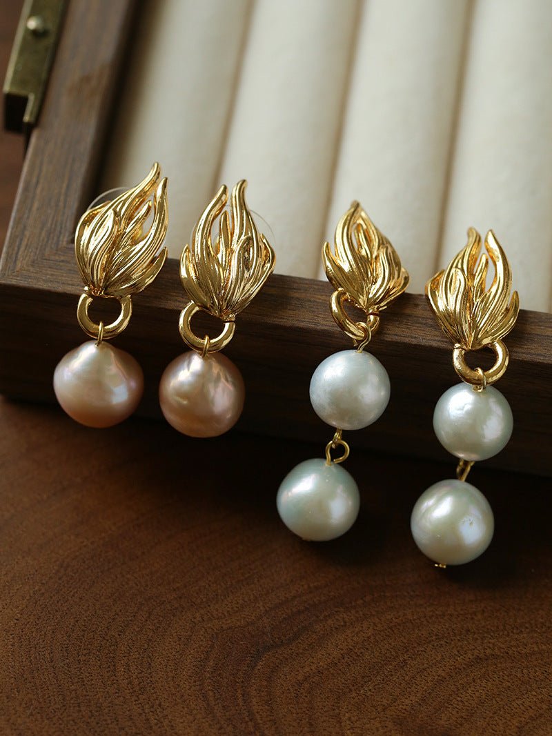 Vintage Flame Wing Natural Freshwater Pearl Drop Earrings - floysun