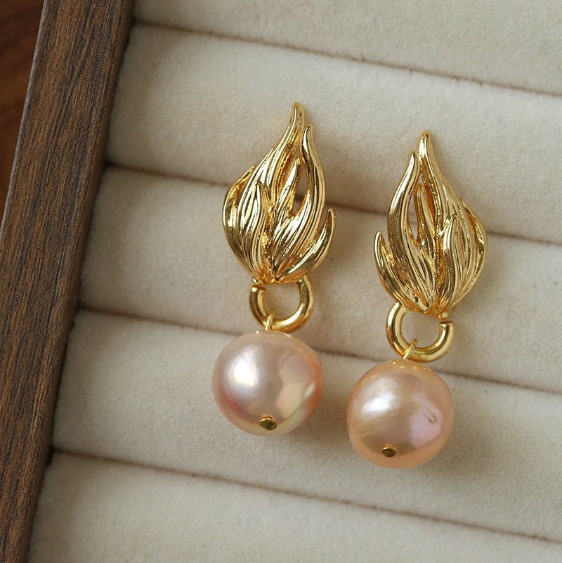 Vintage Flame Wing Natural Freshwater Pearl Drop Earrings - floysun