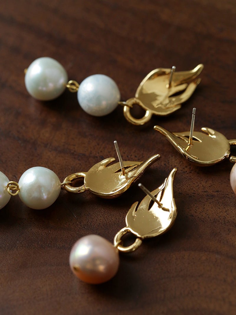 Vintage Flame Wing Natural Freshwater Pearl Drop Earrings - floysun