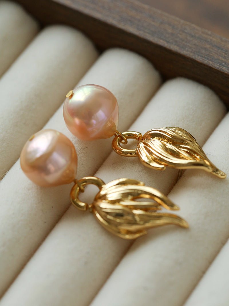 Vintage Flame Wing Natural Freshwater Pearl Drop Earrings - floysun