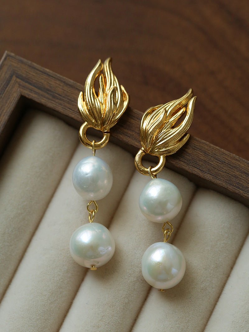 Vintage Flame Wing Natural Freshwater Pearl Drop Earrings - floysun