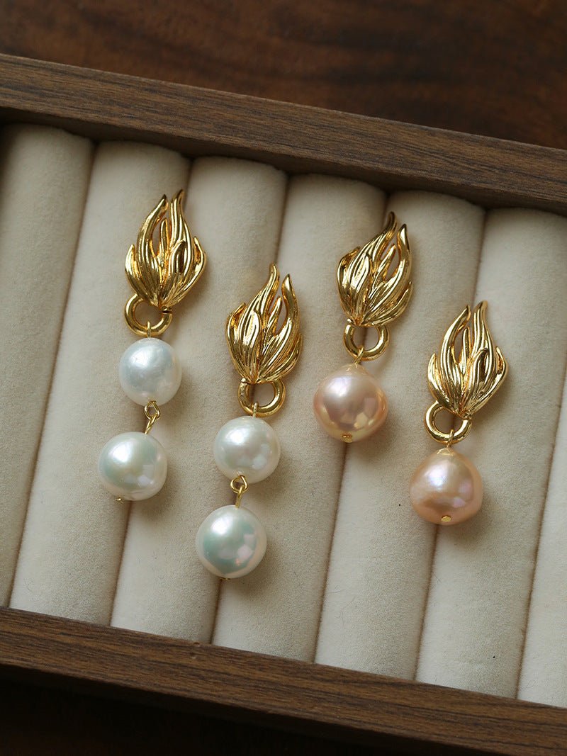 Vintage Flame Wing Natural Freshwater Pearl Drop Earrings - floysun