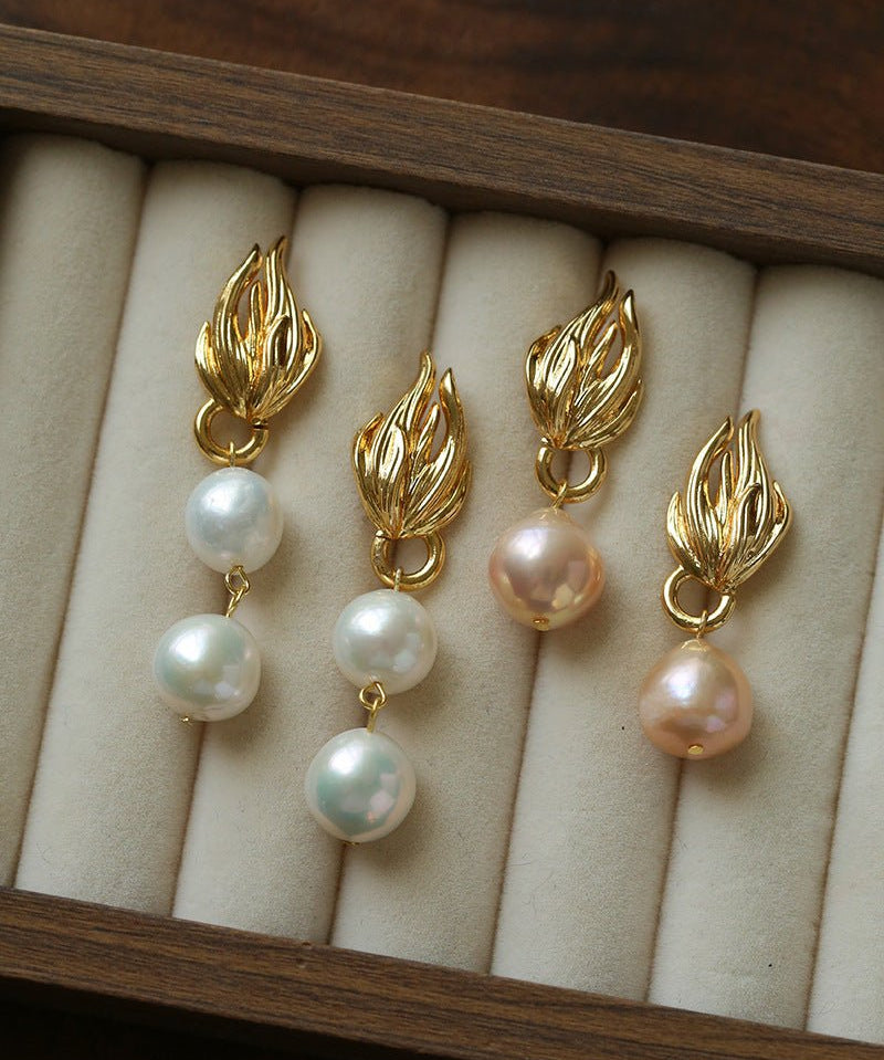 Vintage Flame Wing Natural Freshwater Pearl Drop Earrings - floysun