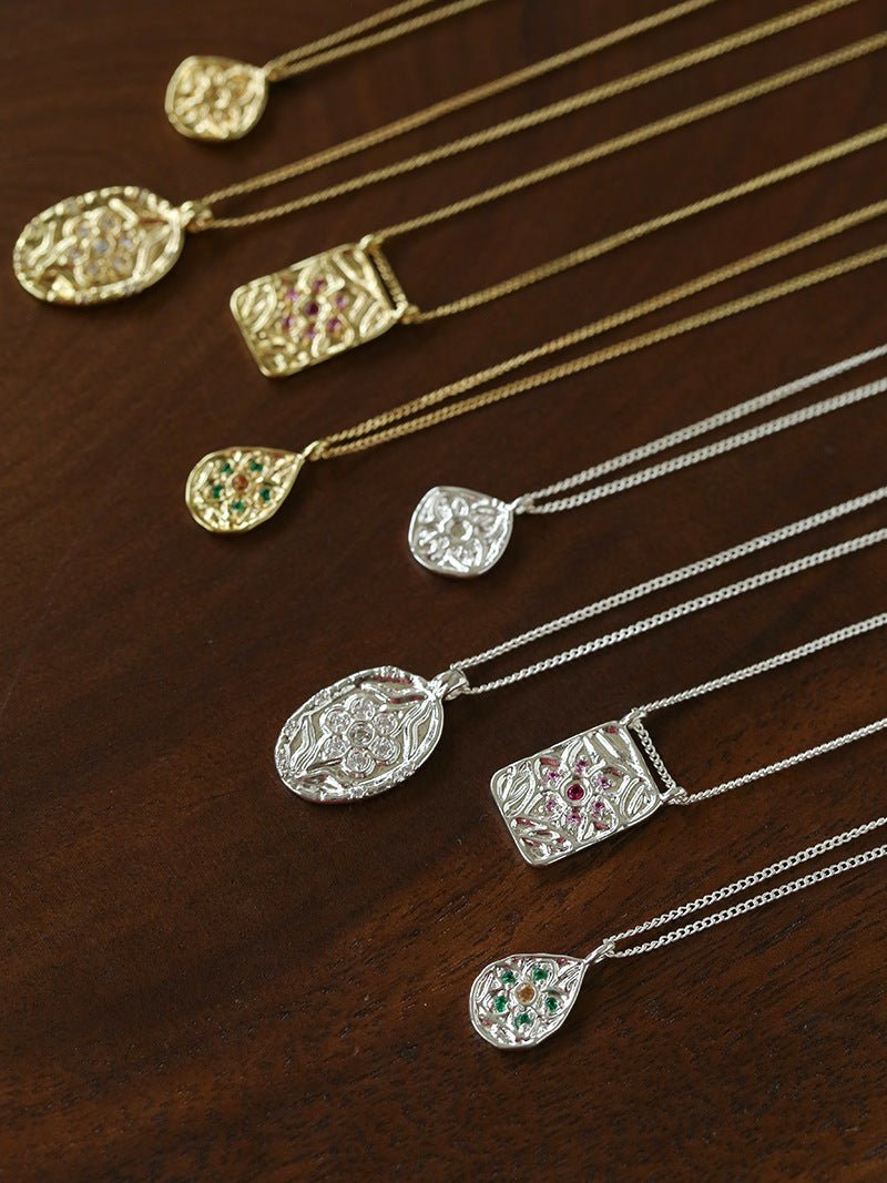 Vintage Floral Relief Geometric Cubic Zirconia Pendant Necklace - floysun
