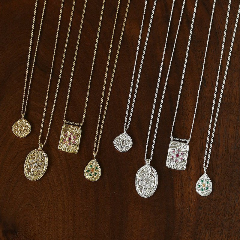 Vintage Floral Relief Geometric Cubic Zirconia Pendant Necklace - floysun