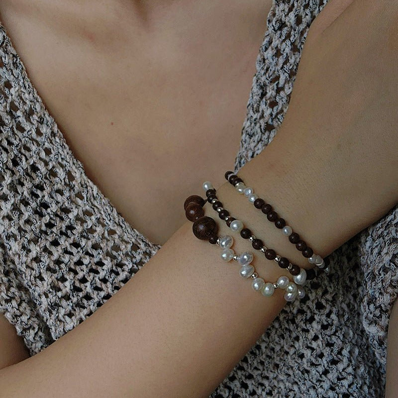 Vintage Fusion Freshwater Pearl & Sandalwood Beaded Bracelet - floysun