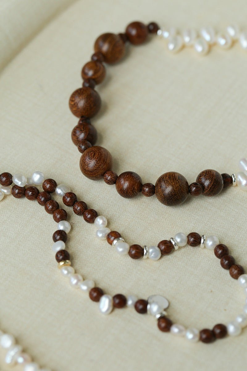 Vintage Fusion Freshwater Pearl & Sandalwood Beaded Necklace - floysun