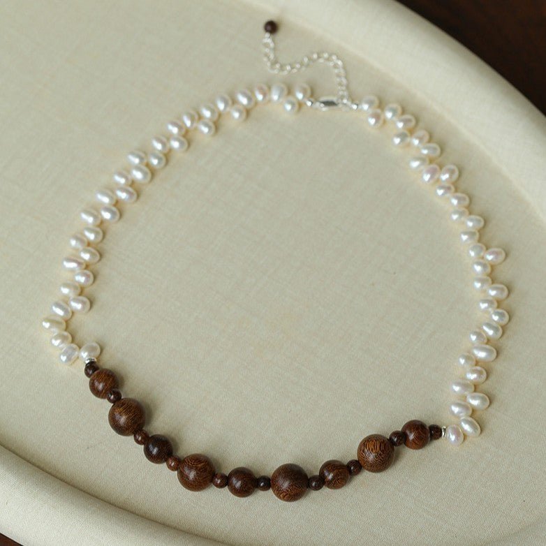 Vintage Fusion Freshwater Pearl & Sandalwood Beaded Necklace - floysun