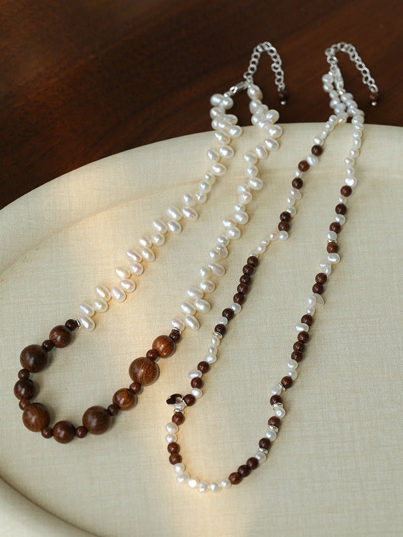 Vintage Fusion Freshwater Pearl & Sandalwood Beaded Necklace - floysun