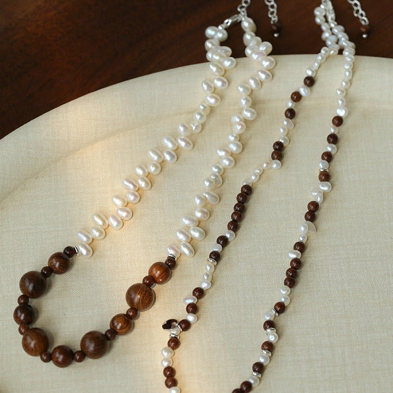 Vintage Fusion Freshwater Pearl & Sandalwood Beaded Necklace - floysun