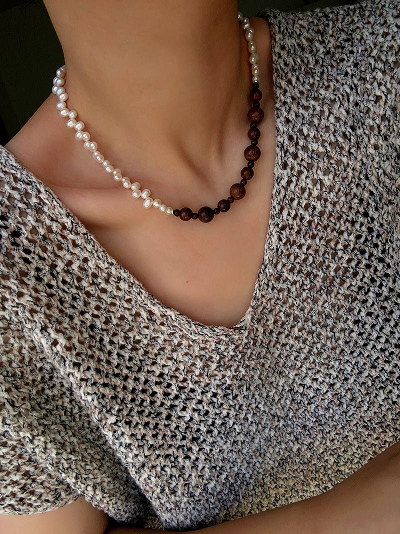 Vintage Fusion Freshwater Pearl & Sandalwood Beaded Necklace - floysun