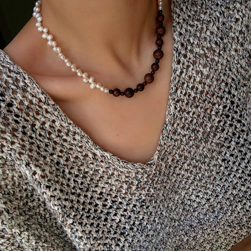 Vintage Fusion Freshwater Pearl & Sandalwood Beaded Necklace - floysun