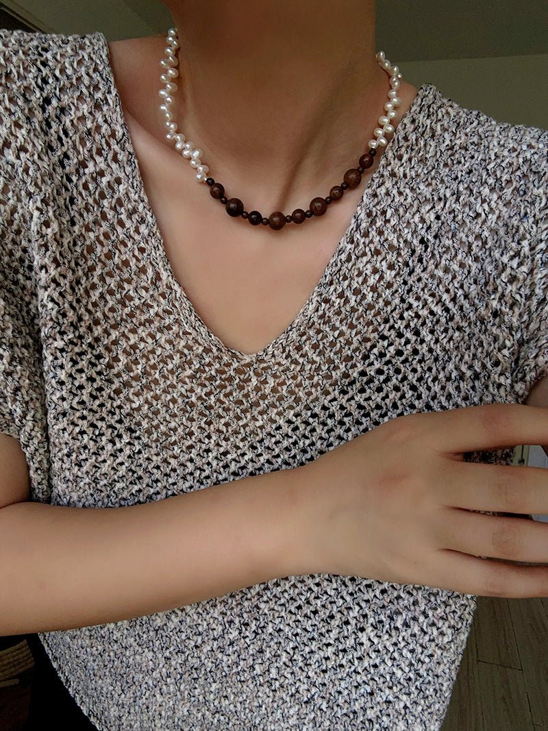 Vintage Fusion Freshwater Pearl & Sandalwood Beaded Necklace - floysun