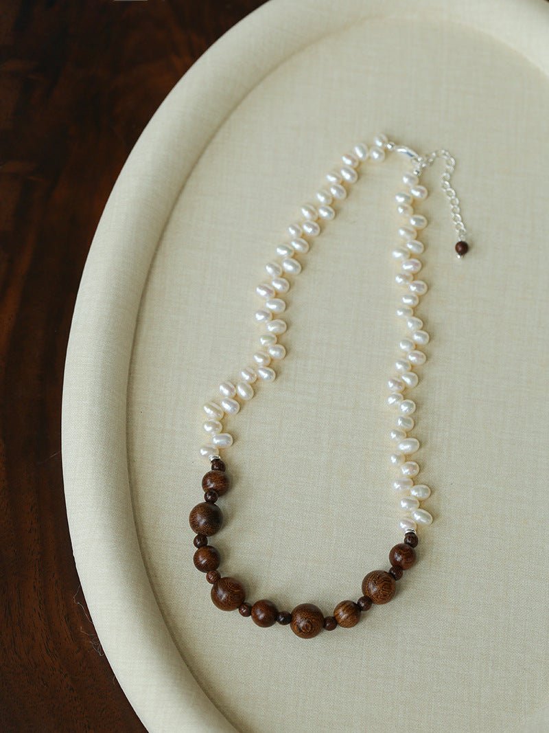 Vintage Fusion Freshwater Pearl & Sandalwood Beaded Necklace - floysun