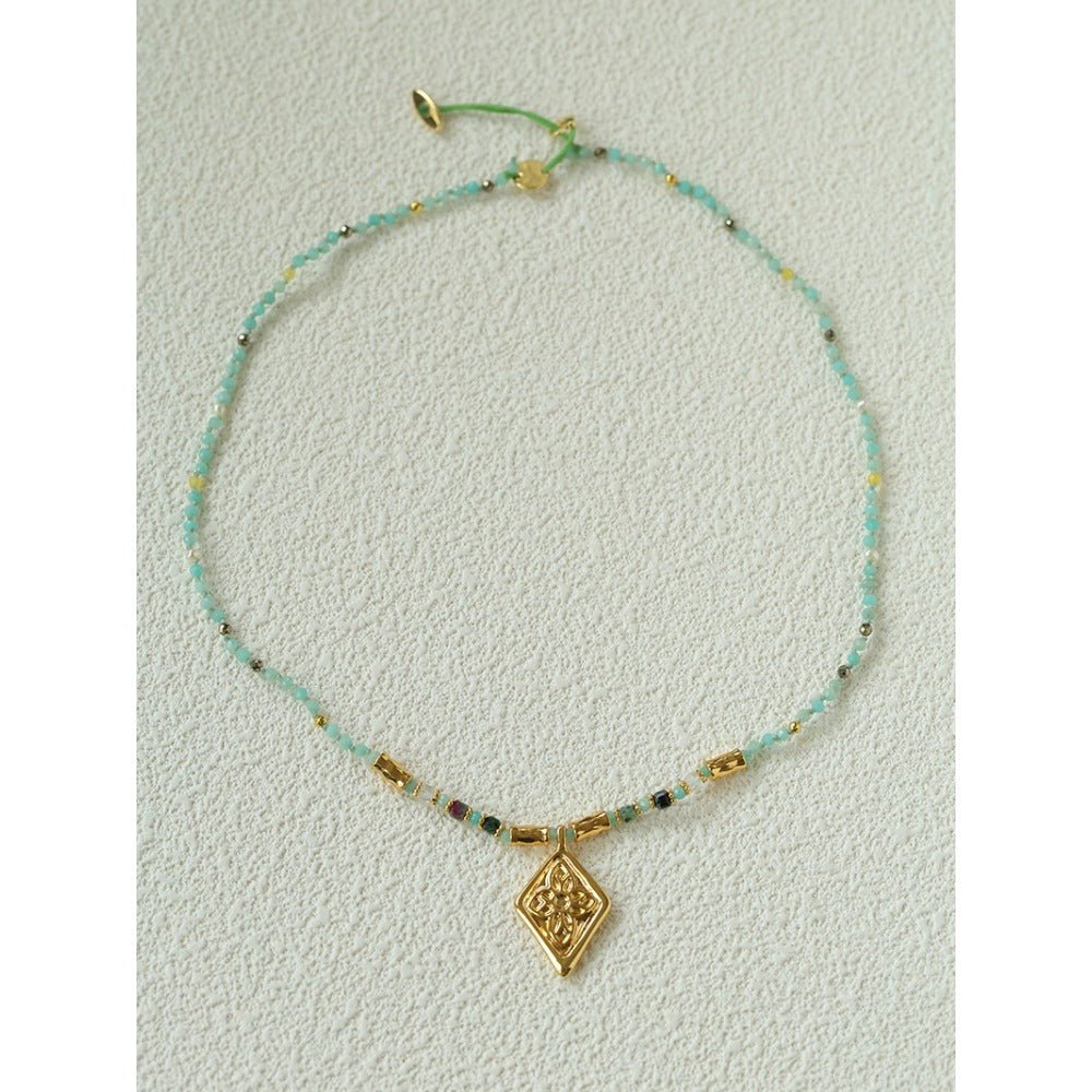 Vintage Geometric Floral Beaded Embossed Pendant Necklace - floysun