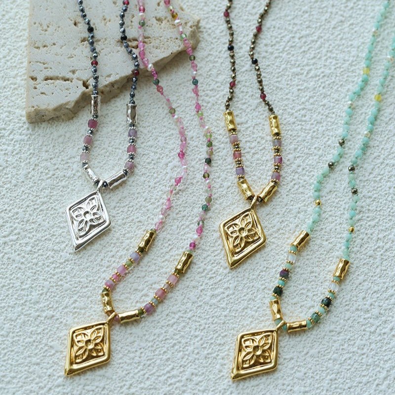 Vintage Geometric Flower Carved Pendant Colorful Natural Stone Beaded Necklace - floysun