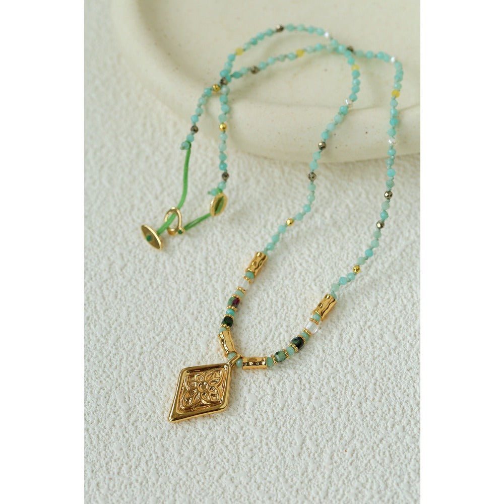 Vintage Geometric Flower Carved Pendant Colorful Natural Stone Beaded Necklace - floysun