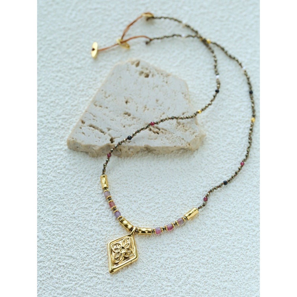 Vintage Geometric Flower Carved Pendant Colorful Natural Stone Beaded Necklace - floysun