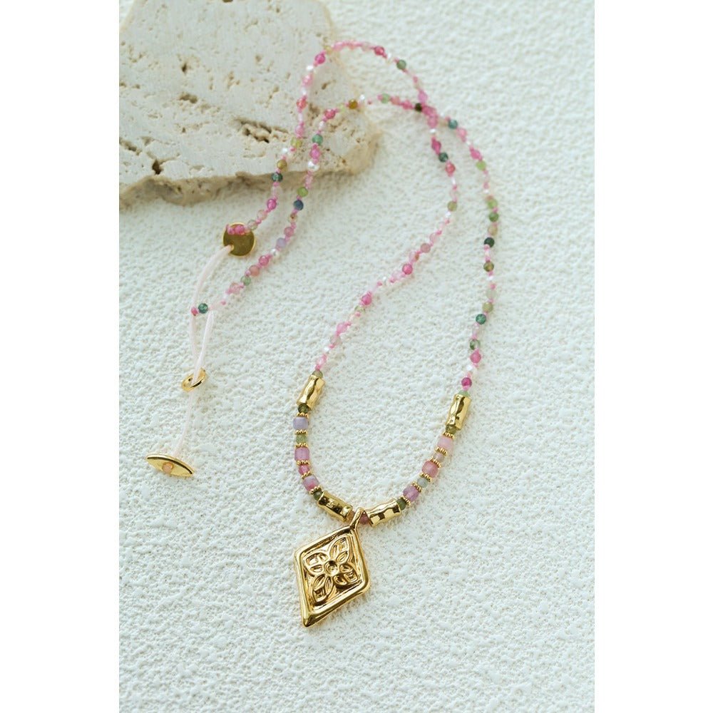 Vintage Geometric Flower Carved Pendant Colorful Natural Stone Beaded Necklace - floysun