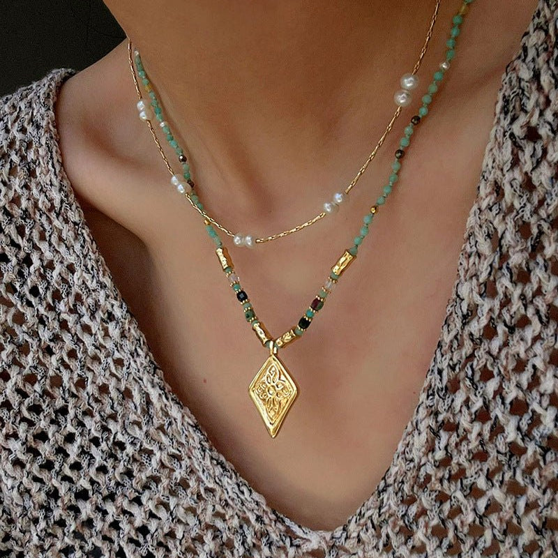 Vintage Geometric Flower Carved Pendant Colorful Natural Stone Beaded Necklace - floysun
