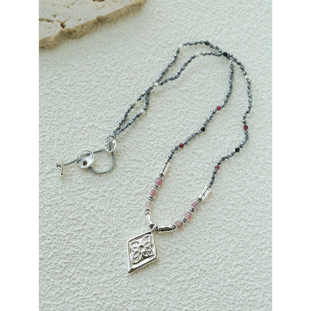 Vintage Geometric Flower Carved Pendant Colorful Natural Stone Beaded Necklace - floysun