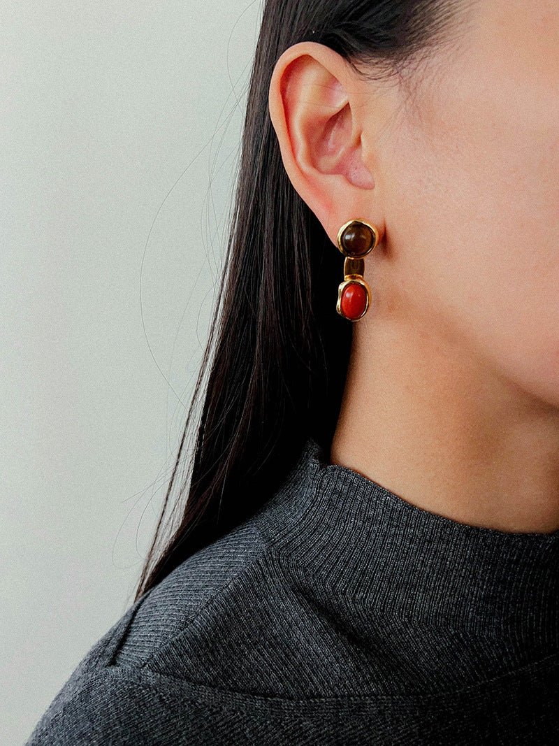 Vintage Geometric Tiger Eye & Red Stone Detachable Earrings - floysun