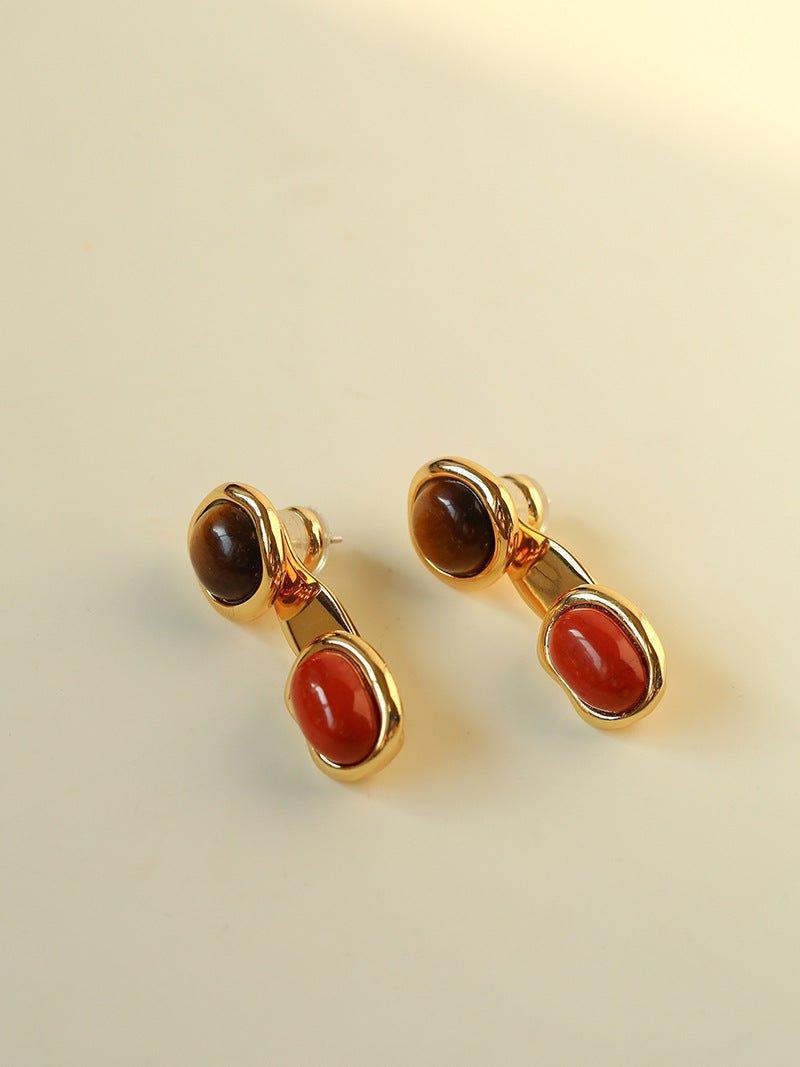Vintage Geometric Tiger Eye & Red Stone Detachable Earrings - floysun