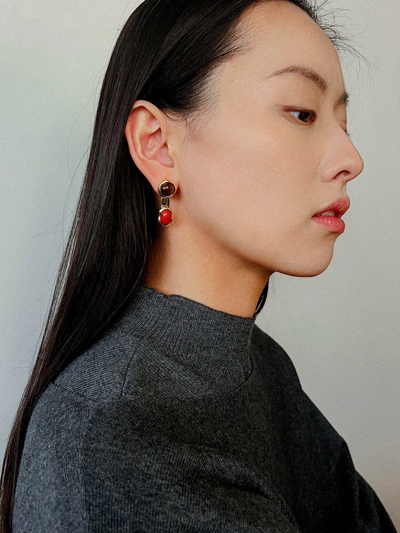 Vintage Geometric Tiger Eye & Red Stone Detachable Earrings - floysun