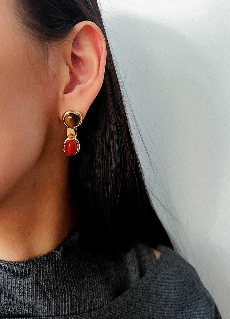 Vintage Geometric Tiger Eye & Red Stone Detachable Earrings - floysun