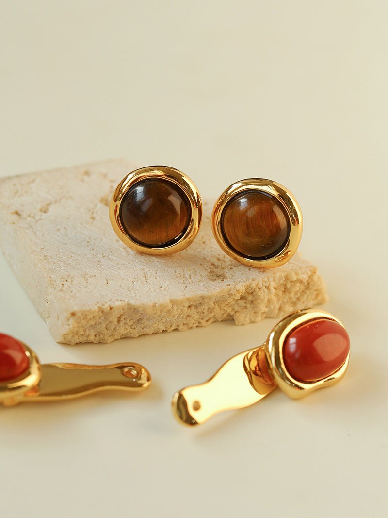 Vintage Geometric Tiger Eye & Red Stone Detachable Earrings - floysun