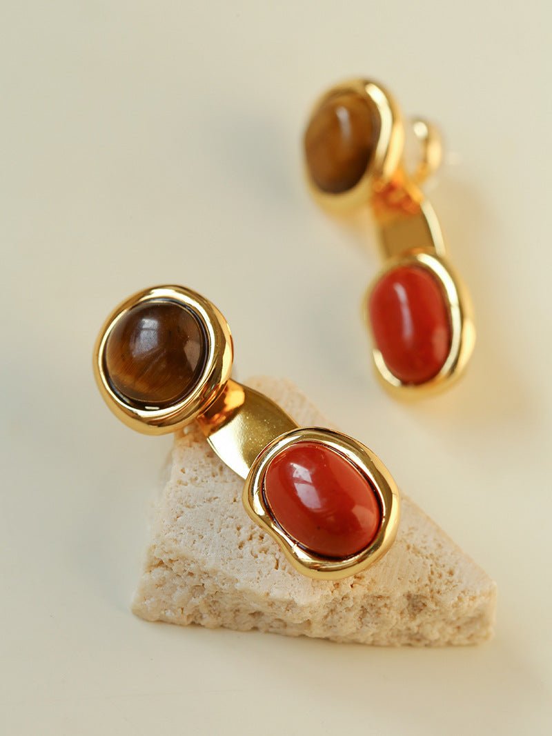 Vintage Geometric Tiger Eye & Red Stone Detachable Earrings - floysun