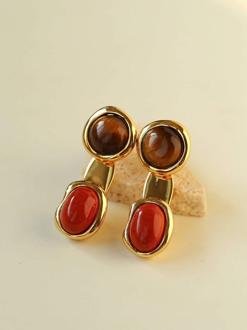 Vintage Geometric Tiger Eye & Red Stone Detachable Earrings - floysun