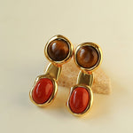 Vintage Geometric Tiger Eye & Red Stone Detachable Earrings - floysun