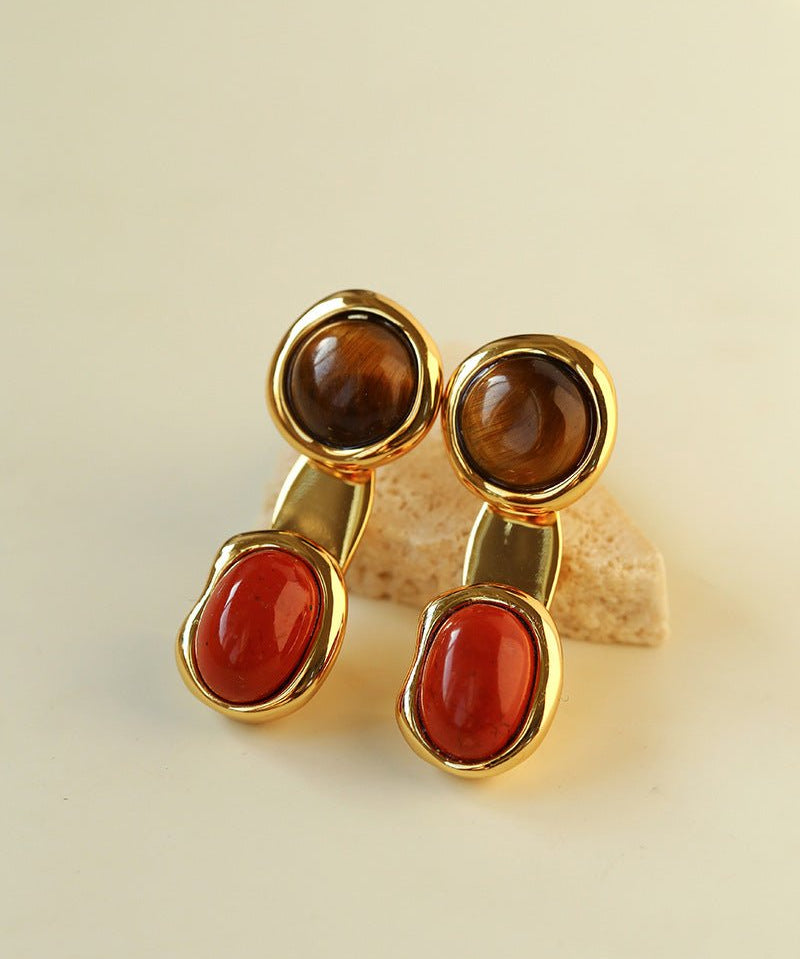 Vintage Geometric Tiger Eye & Red Stone Detachable Earrings - floysun