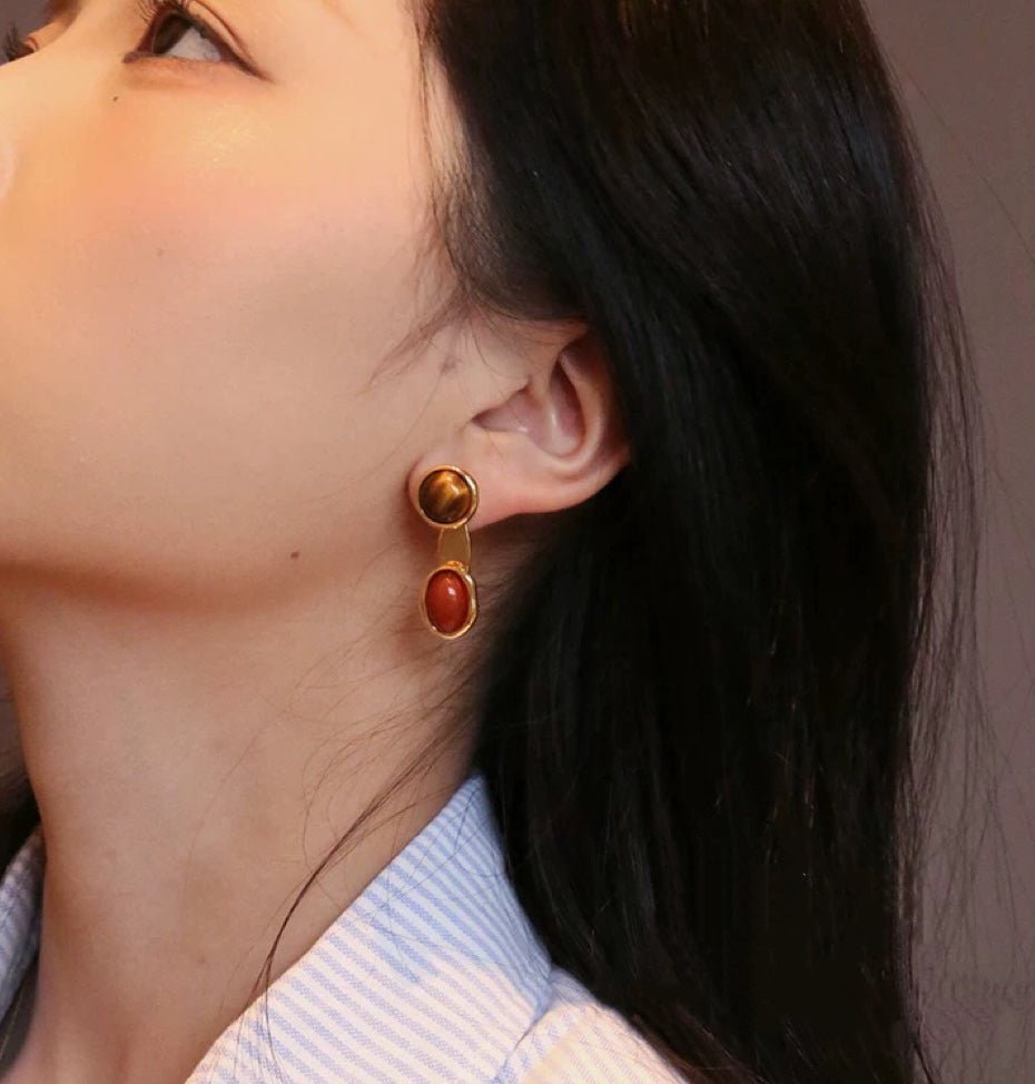 Vintage Geometric Tiger Eye & Red Stone Detachable Earrings - floysun