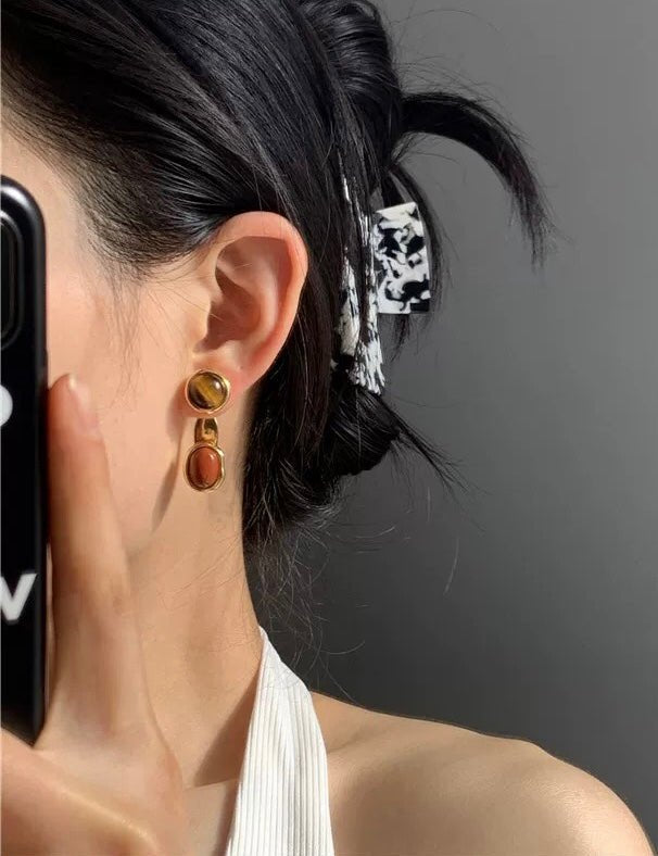 Vintage Geometric Tiger Eye & Red Stone Detachable Earrings - floysun