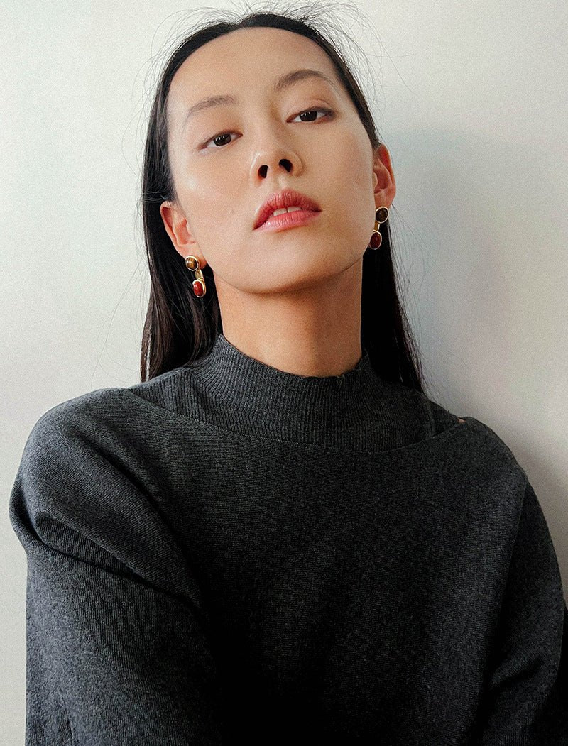 Vintage Geometric Tiger Eye & Red Stone Detachable Earrings - floysun