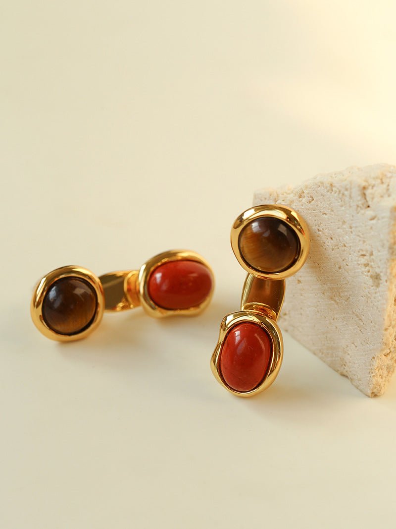 Vintage Geometric Tiger Eye & Red Stone Detachable Earrings - floysun
